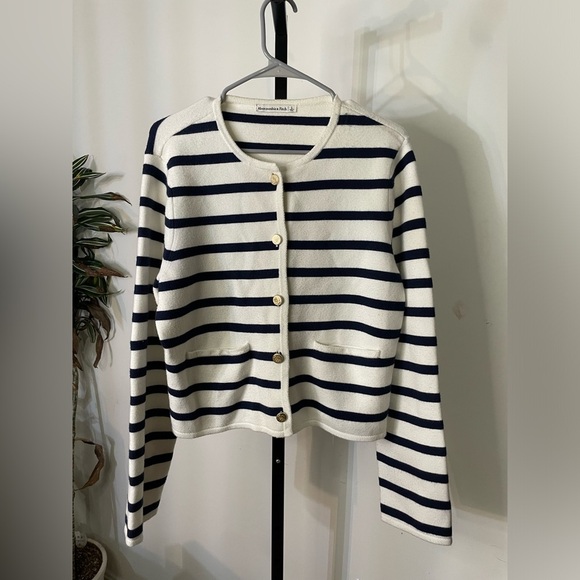 Abercrombie & Fitch LuxeLoft Crew Sweater Cardigan Jacket Dark Indigo Strips LG - Picture 3 of 7